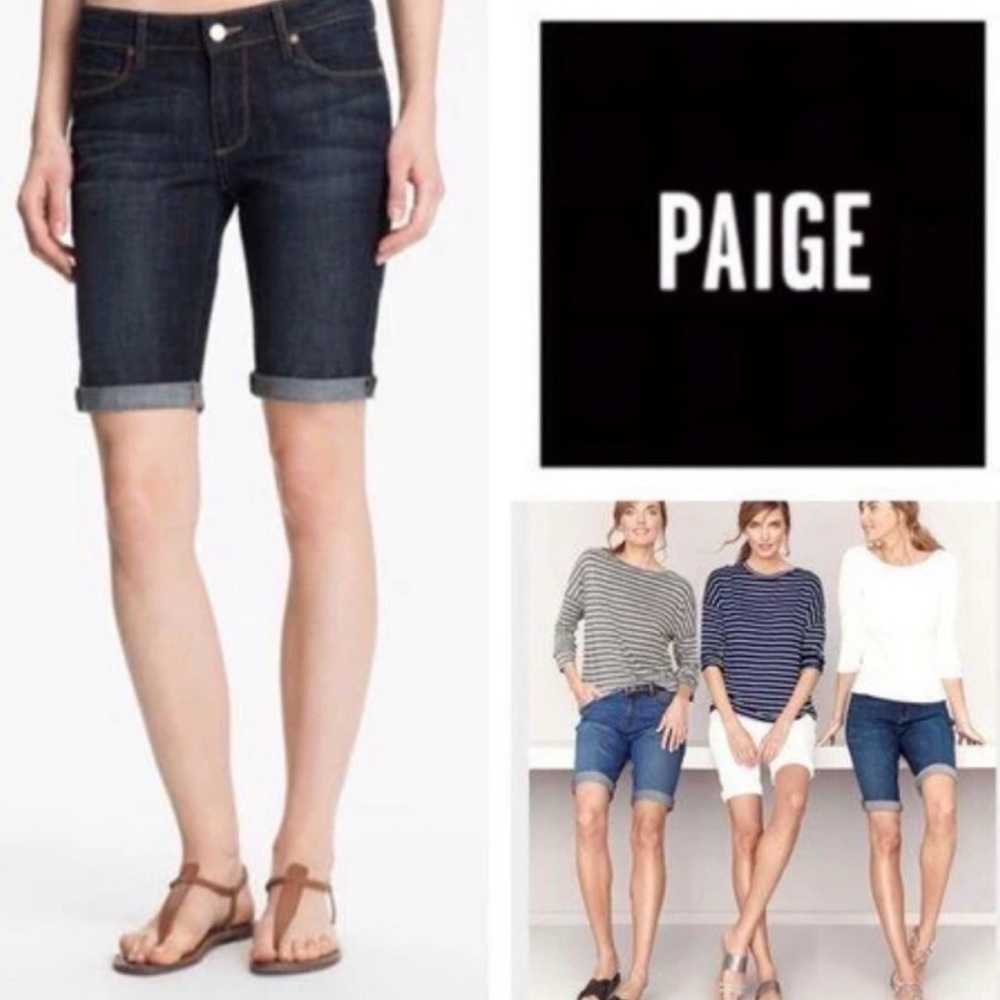 PAIGE Dark Indigo Denim Bermuda Shorts with Rolled Hem